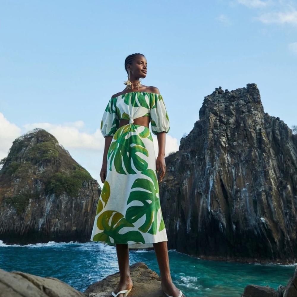 FARM Rio White monstera knot midi dress
